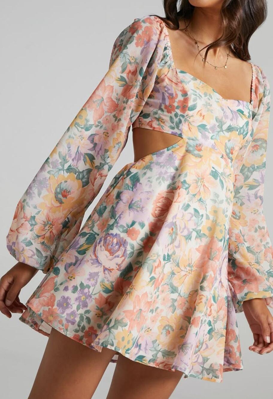 Floral Puff Sleeve Cutout Mini Dress – Romantic Spring Summer Fit Size 12